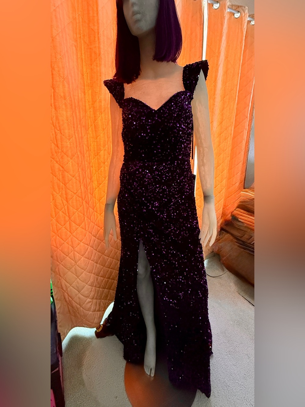 Cinderella Divine Purple Sequined Prom Gown